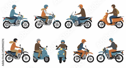 Collection of Cartoon Motorcycles with Riders in Various Colors and Styles
