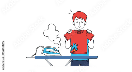 Boy burns shirt with iron while ironing clothes on a board with steam rising from the iron