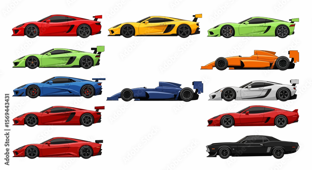 Fototapeta premium Collection of Ten Colorful Cartoon Sports Cars and Formula Race Cars