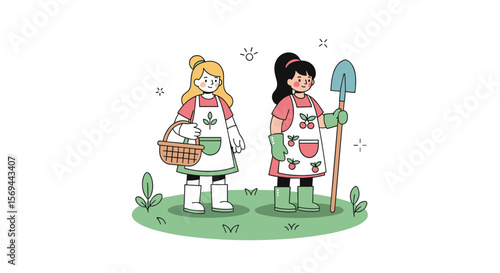 Two young women in aprons gardening together holding tools and a basket of produce
