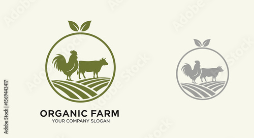 Olive Green Organic Farm Logo: Rooster and Cow on Rolling Fields