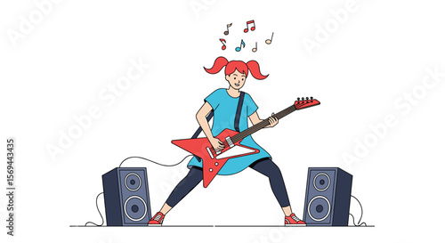Energetic young girl playing electric guitar with music notes floating above her head surrounded by speakers