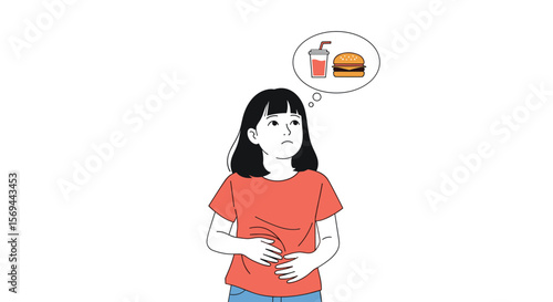 Young woman feeling hungry and craving fast food with drink and burger in thought bubble