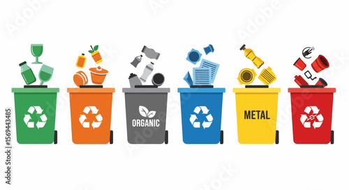 Colorful Recycling Bins with Various Items for Different Waste Types