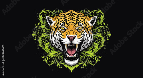 Roaring Jaguar Head with Green Floral Ornament: Fierce Big Cat Portrait