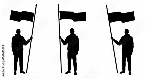 Silhouetted Figures Holding Black Flags on White Background
