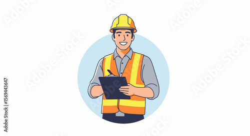 Smiling Construction Worker Holding Clipboard, Wearing Safety Vest and Helmet