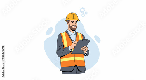 Smiling Engineer with Yellow Hard Hat and Clipboard Taking Notes