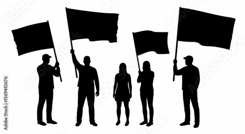 Four Silhouettes Holding Blank Protest Flags in a Row