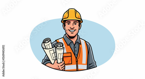 Smiling Construction Worker in Yellow Hard Hat Holding Rolled Blueprints