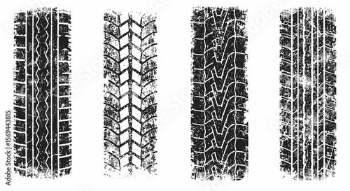 Four Grunge-Style Tire Track Imprints: Vertical, Black and White, Detailed Tread Patterns