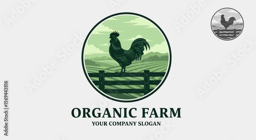 Green Rooster on Fence in Farm Field Logo Design Illustration