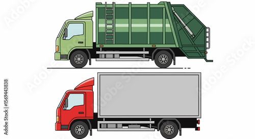 Two Trucks Illustration: Green Garbage Truck and Red Delivery Truck