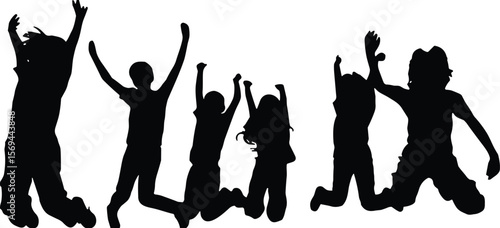 Silhouette of joyful children enthusiastically jumping and celebrating, symbolizing happiness, freedom, playfulness, boundless energy, childhood excitement, friendship, and carefree fun.