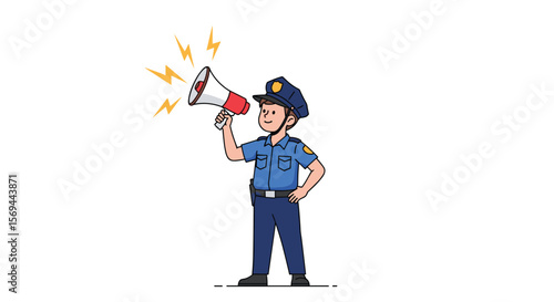 Police officer making important announcement through megaphone spreading information publicly