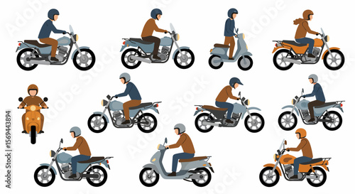 Vector Illustration of Motorbikes and Scooters with Riders in Helmets