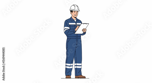Smiling Male Engineer in Blue Workwear and White Hard Hat Filling Out Clipboard