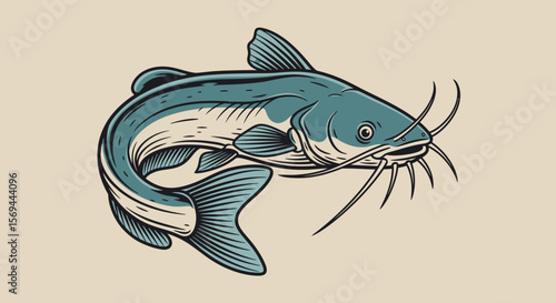 Stylized Jumping Catfish in Teal and Cream Tones