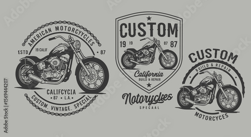 Three Vintage Custom Motorcycle Designs: Black and White Illustrations with Detailed Engine and Wheel Designs, Set in Circular and Shield-Shaped Logos