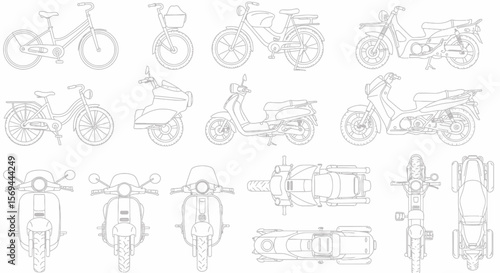 Various Motorized Vehicles Line Drawings, Multiple Angles