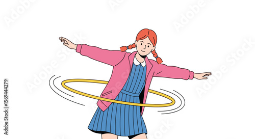 Young girl actively playing with a hula hoop outdoors during a sunny day enjoying childhood fun