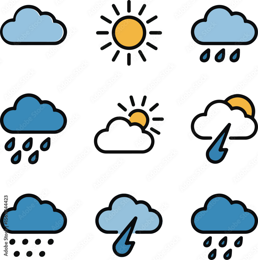 Weather icons showing sun clouds rain and lightning vector Weather icons showing sun clouds rain and lightning vector
