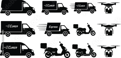Delivery vehicles including vans, scooters, and drones are isolated on white background