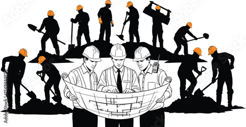 Engineers and construction workers review blueprints isolated on white background