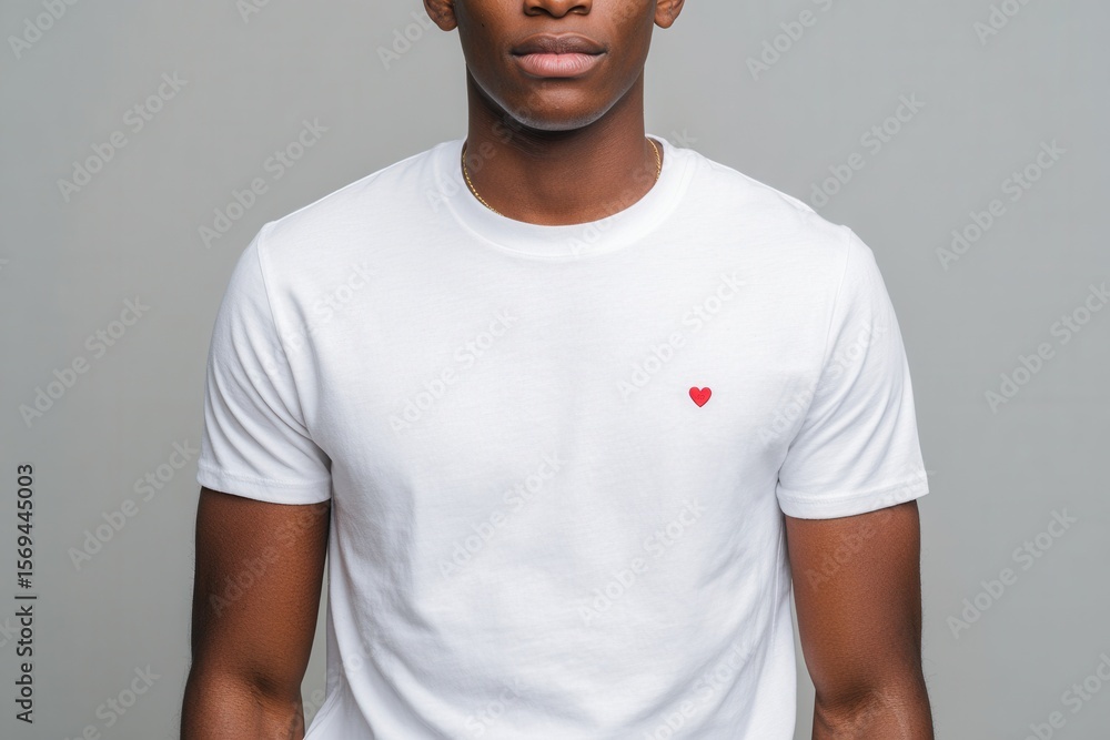 custom made wallpaper toronto digitalYoung african male wearing white t-shirt with heart embroidery on gray background.