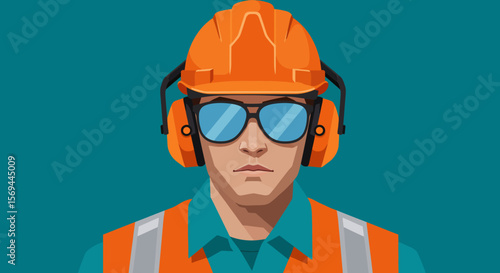 Cartoon Construction Worker Portrait with Orange Hard Hat and Safety Gear