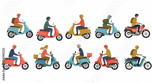 Collection of Diverse People Riding Scooters and Motorcycles in Various Colors and Styles