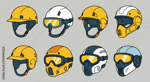 Collection of Eight Diverse Helmets: Yellow, White, and Blue Protective Headgear with Goggles