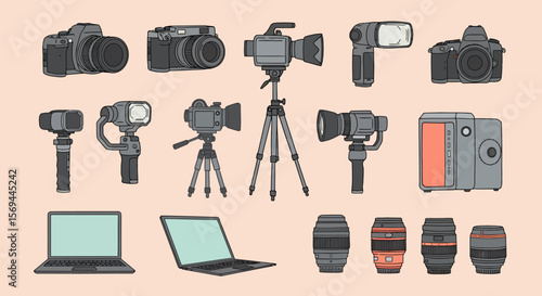 Collection of Diverse Photography and Videography Equipment: DSLRs, Camcorders, Lenses, and Laptops