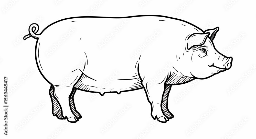 Fototapeta premium Detailed Black and White Line Art Illustration of a Pig Standing Profile