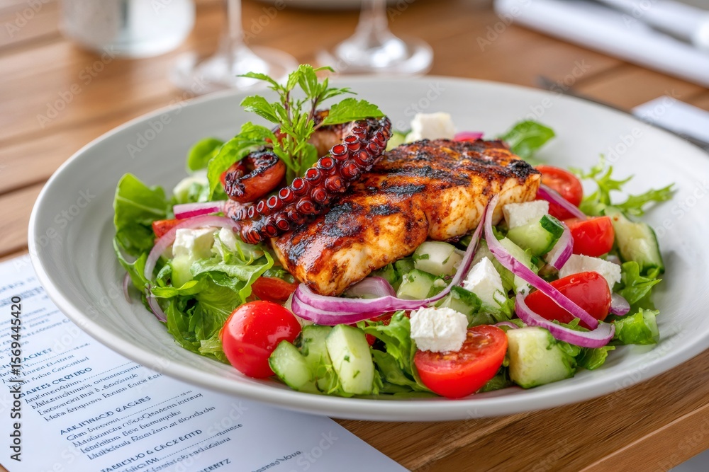 Grilled fish and octopus salad with fresh vegetables and feta cheese Grilled fish and octopus salad with fresh vegetables and feta cheese