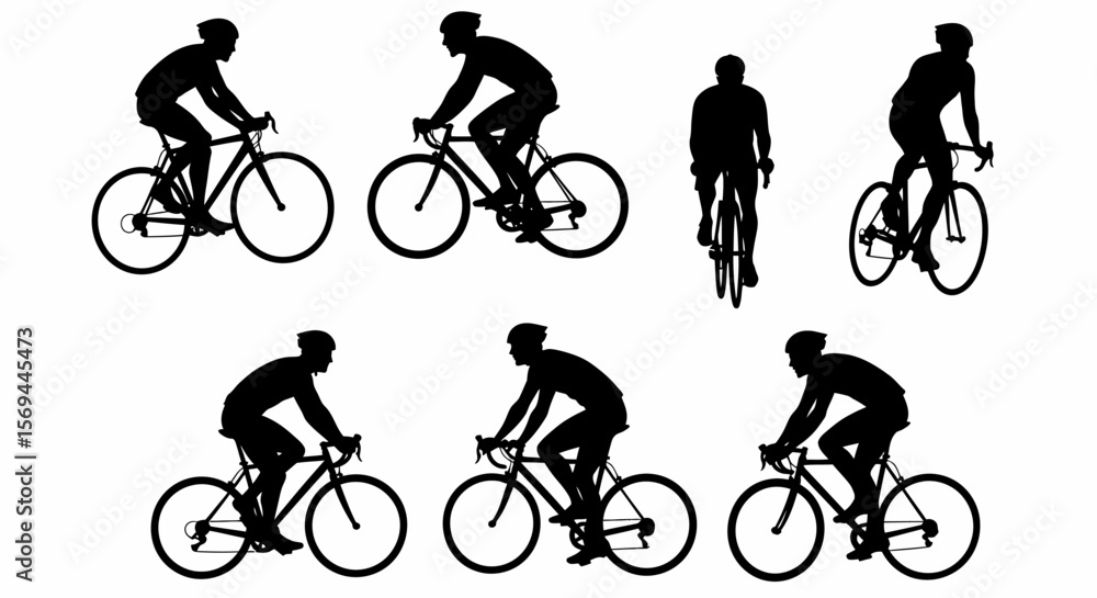 Fototapeta premium Cyclist Silhouettes: Black Figures on Bicycles, Various Poses, Isolated on White