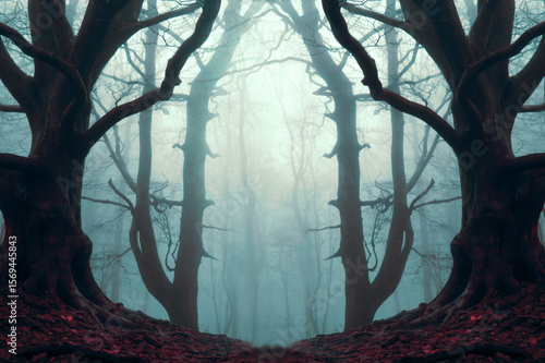 A mysterious mirror image of a spooky forest on a eerie foggy winters day