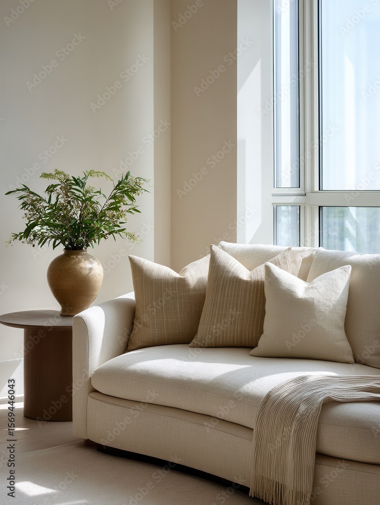 Fototapeta premium Cozy modern living room with beige sofa and decorative plant.
