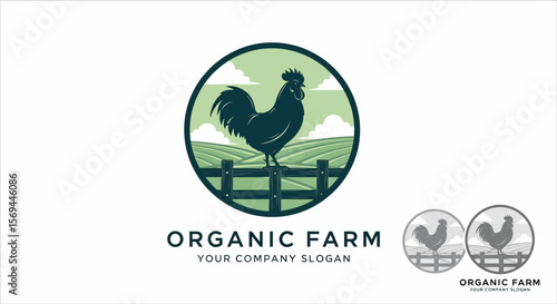 Rooster on Fence in Circle Logo, Green Fields and Sky