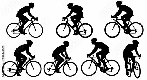 Six Silhouettes of Cyclists on Road Bikes in Various Poses