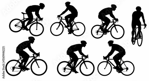 Six Silhouettes of Cyclists in Action, Road Bikes, Black and White