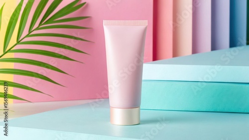 Wallpaper Mural Minimalist pink cosmetic tube with palm leaf on pastel geometric background Torontodigital.ca