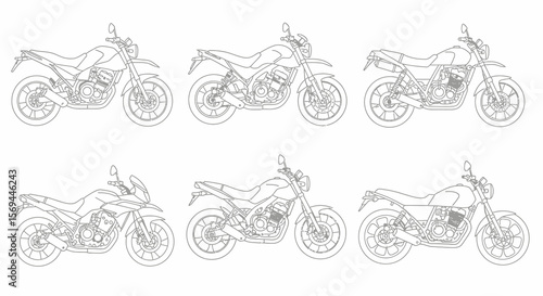 Six Gray-Scale Line Drawings of Motorcycles: Diverse Styles and Designs