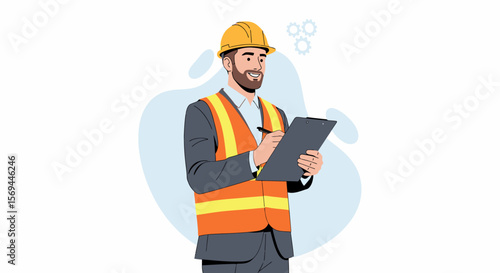 Smiling Bearded Construction Worker in Yellow Hard Hat and Safety Vest Writing on Clipboard