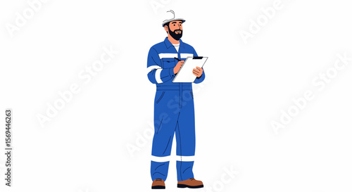 Smiling Worker in Blue Coveralls Taking Notes with Clipboard