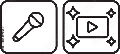 Microphone and play button icons representing audio and video content creation isolated on white background silhouette