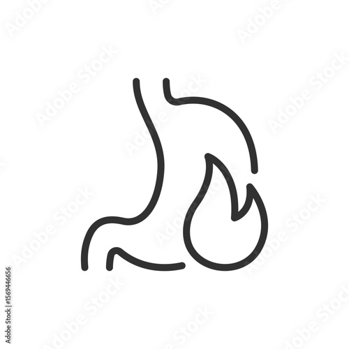 Stomach with fire symbol, linear icon. Heartburn, acid reflux or digestive discomfort. Line with editable stroke.