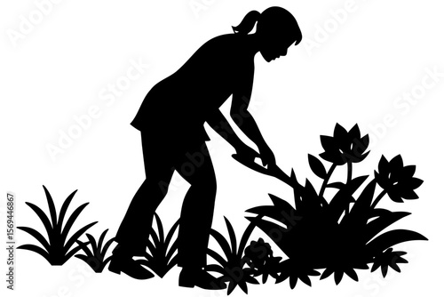 Vector art of silhouette of  Gardener Working in Flower Bed