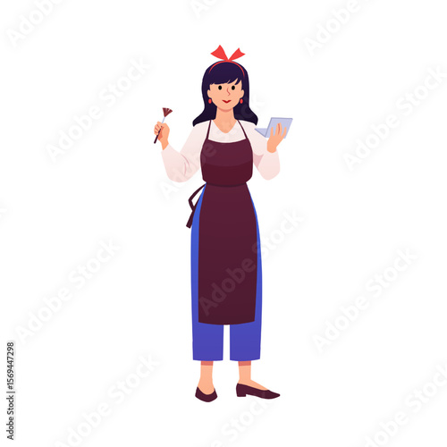 Visagiste in apron with brush and palette of eyeshadow and blush, vector beauty salon stylists with makeup cosmetics