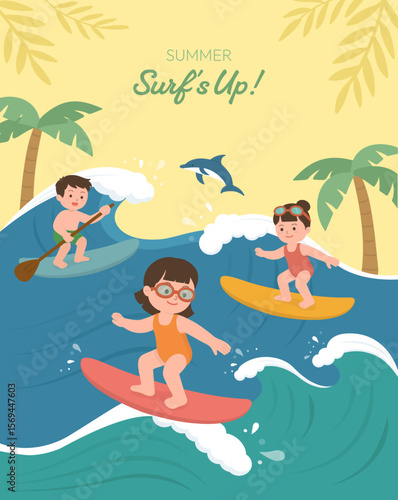 Summer Kids Surfing Fun – Tropical Beach Wave Adventure Illustration